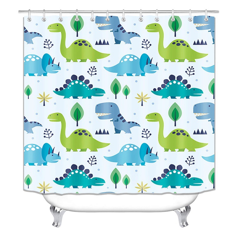 Cortina de ducha de baño de serie de dibujos animados de dinosaurio de impresión digital HD transfronteriza con 12 ganchos de plástico de tipo C
