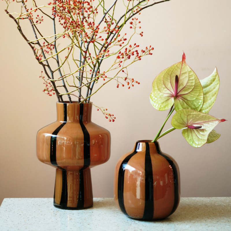 視遠工藝品黑白條紋玻璃花瓶圓球斑馬紋客廳ins家居裝飾擺件批發