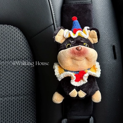Car Seat Belt Shoulder Cover Cute Funny Bee Dog Plush Car Interior Decoration Ornaments Pocket Decoration Gift (Seat belt shoulder pad) - bee-dog-black-crystal-velvet-shoulder-pad-1-piece