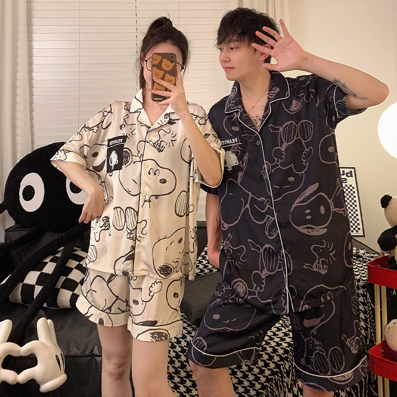 Summer Couple Thin Imitation Cotton Pajamas Women's Cartoon Cute Snoopy Plus Size Teenager Men's Home Clothes suit