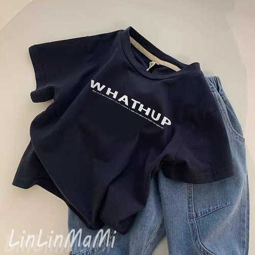 100% Cotton Korean Style Summer Top for Boys, Short-Sleeve Children's Cool and Stylish Casual Navy Blue T-Shirt for Babies, Navy Blue T-Shirt