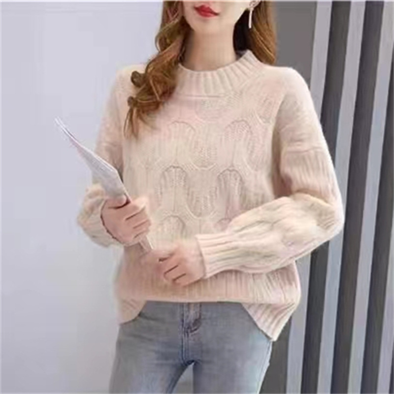 灯笼袖麻花毛衣女 韩版宽松纯色套头针织衫慵懒半高领打底毛衣厚