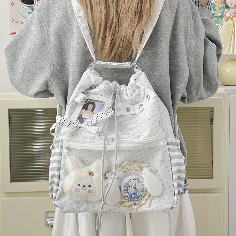 Sweet and Cute Polka Dot Backpack for Women, Large Capacity Drawstring Doll Bag, Commuter Backpack, Transparent Layer Shoulder Bag