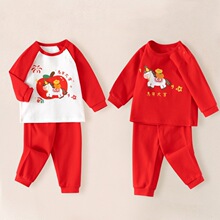 跨境专供婴幼儿服装春秋季纯棉宝宝衣服套装过年喜庆大红童装爆款