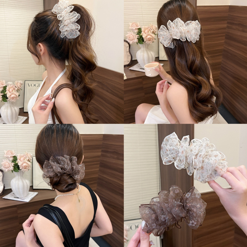 Korean-Style Floral Mesh Banana Clip for Women, High-End and Elegant, Versatile Ponytail Hairpin, New Hair Accessory for the Back of the Head Korean-Style Floral Mesh Banana Clip for Women, High-End and Elegant, Versatile Ponytail Hairpin, New Hair Accessory for the Back of the Head