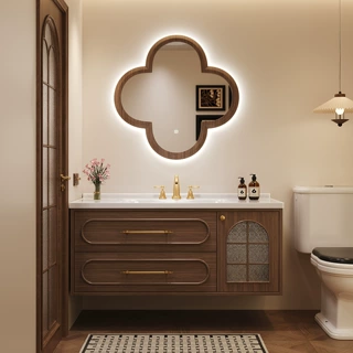 法式复古风陶瓷一体盆卫生间橡胶木胡桃色浴室柜洗漱台洗脸盆定制