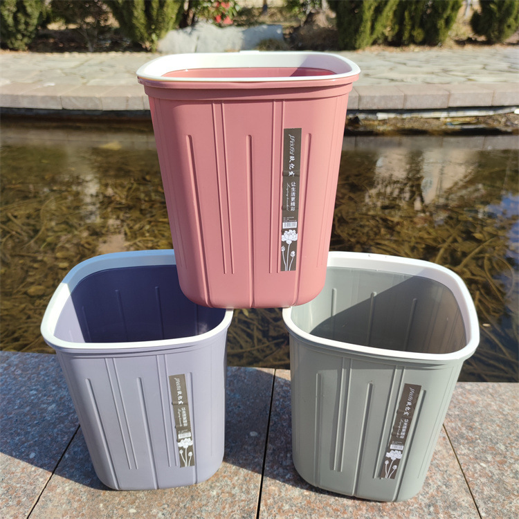 Household plastic trash can square paper basket with pressure ring vertical stripe storage bucket school office kitchen sanitary bucket