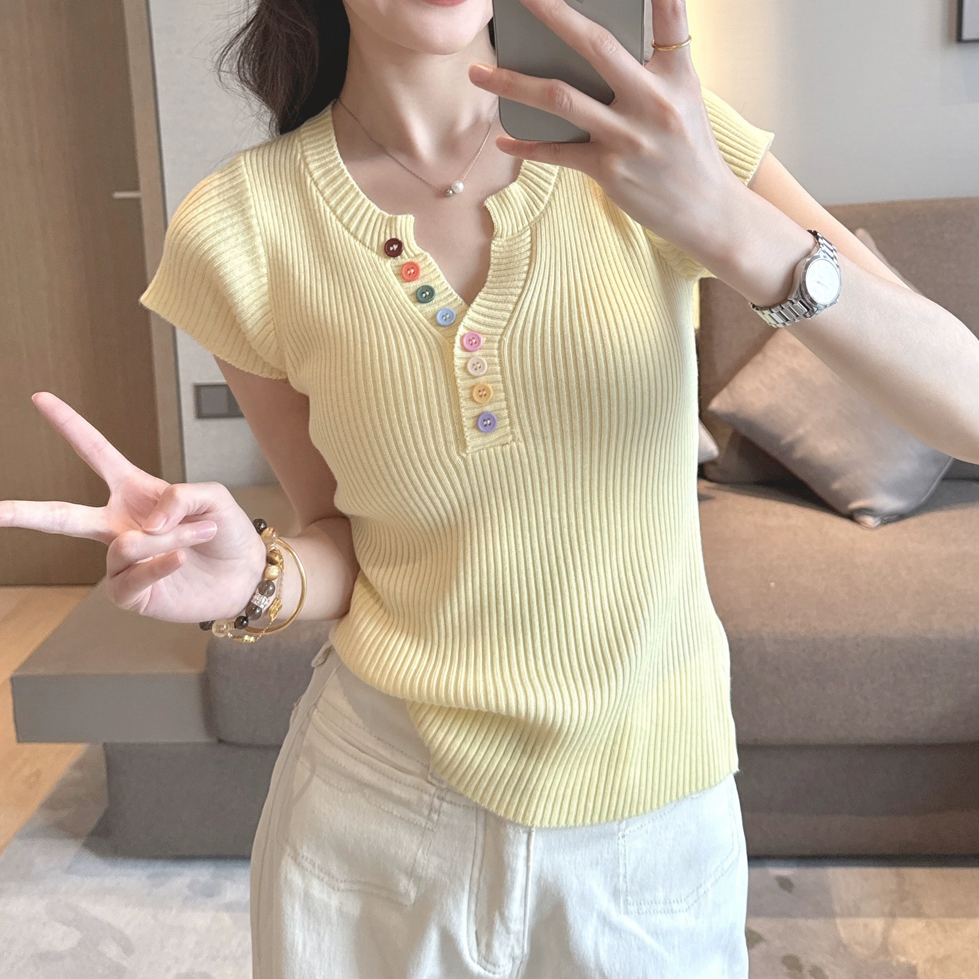 Корейский стиль, красочный дизайн воротника с пуговицами, небольшой аромат, новый стильный летний вязаный свитер для похудения