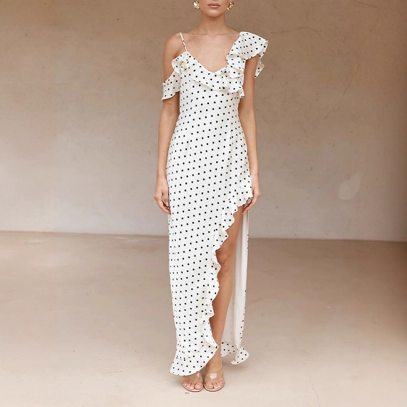 Cross-Border Aliexpress Gentle Style Waist-Cinching Ruffled Polka Dot Dress French Off-Shoulder Irregular Suspender Long Dress