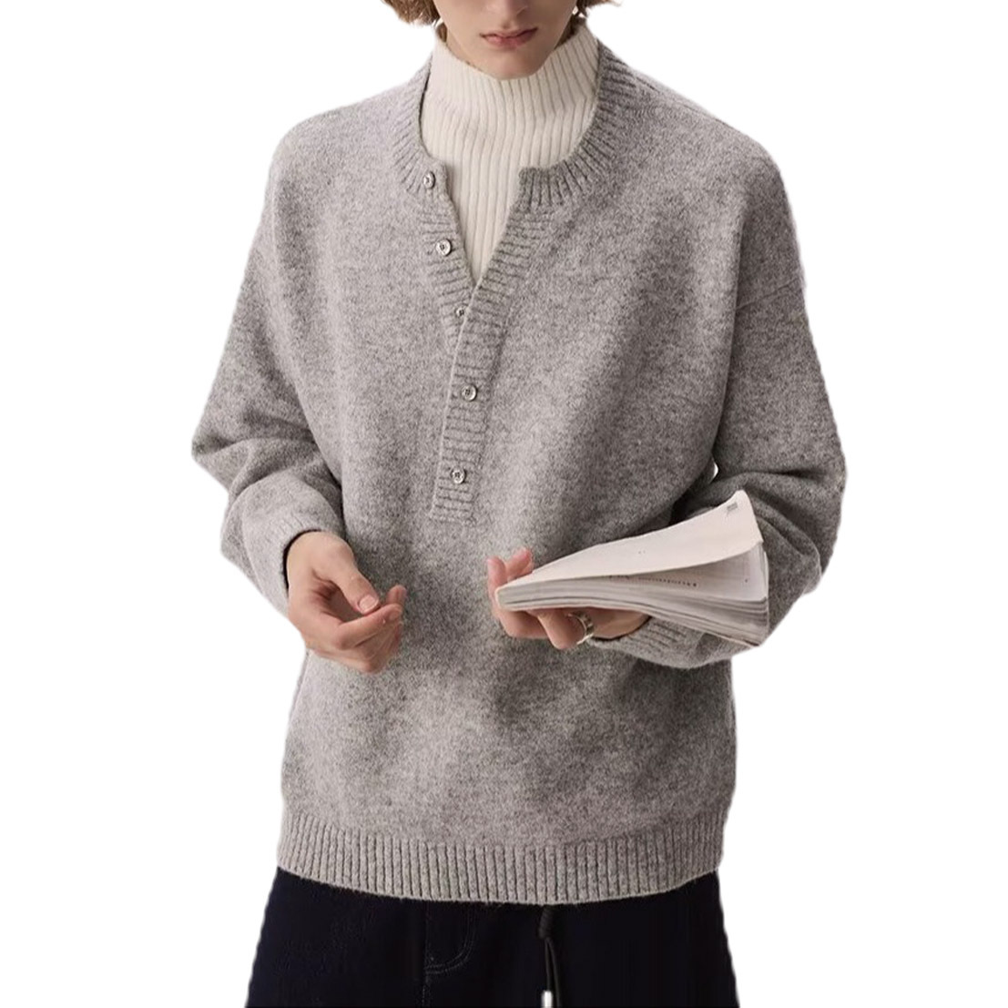 Explosiones transfronterizas de tamaño grande falso de tamaño europeo dos piezas de camisetas de punto de cuello medio alto suéter hombre viejo dinero de la fábrica de botón de moda al por mayor