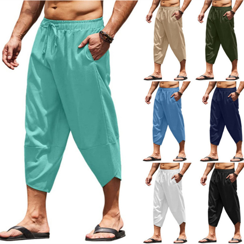 Amazon Independent Site New Men's Cotton and Linen Solid Color Loose Drawstring Cropped Pants Casual Shorts