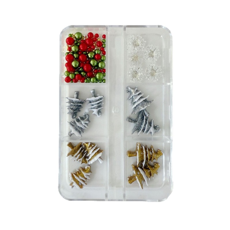 跨境圣诞美甲饰品6格盒装圣诞树透明雪花树脂穿戴甲材料包钻套装|undefined