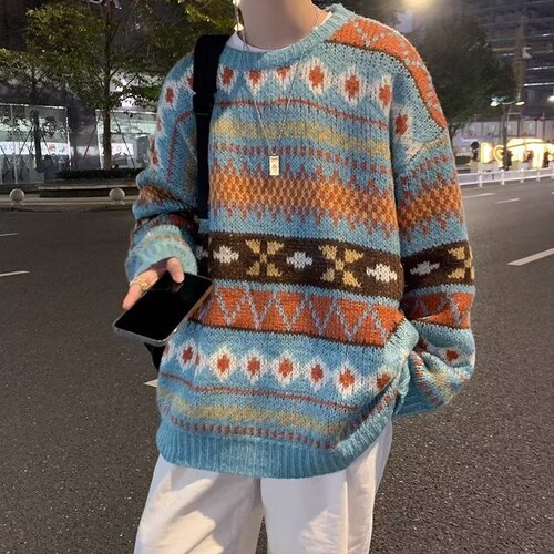 Japanese Retro Sweater for Men, National Trend Ethnic Style Striped Loose Top, Fashion Brand Casual Style Couple Knitwear