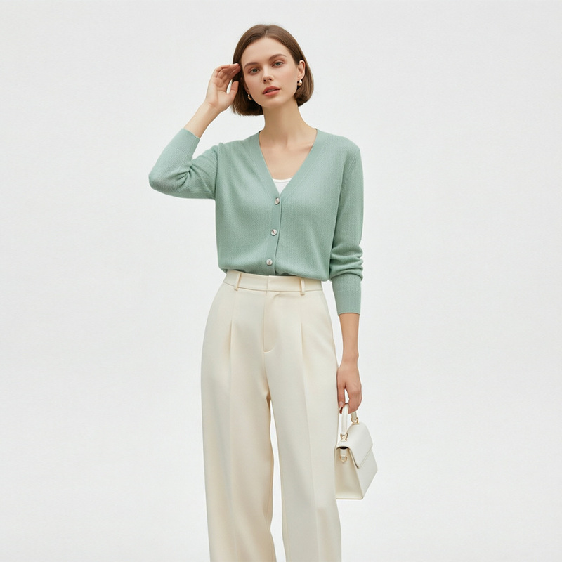 Laurel Style Acetate Cotton Spring New V-Neck Knit Cardigan for Women, Lazy Style Short Long-Sleeve Versatile Top