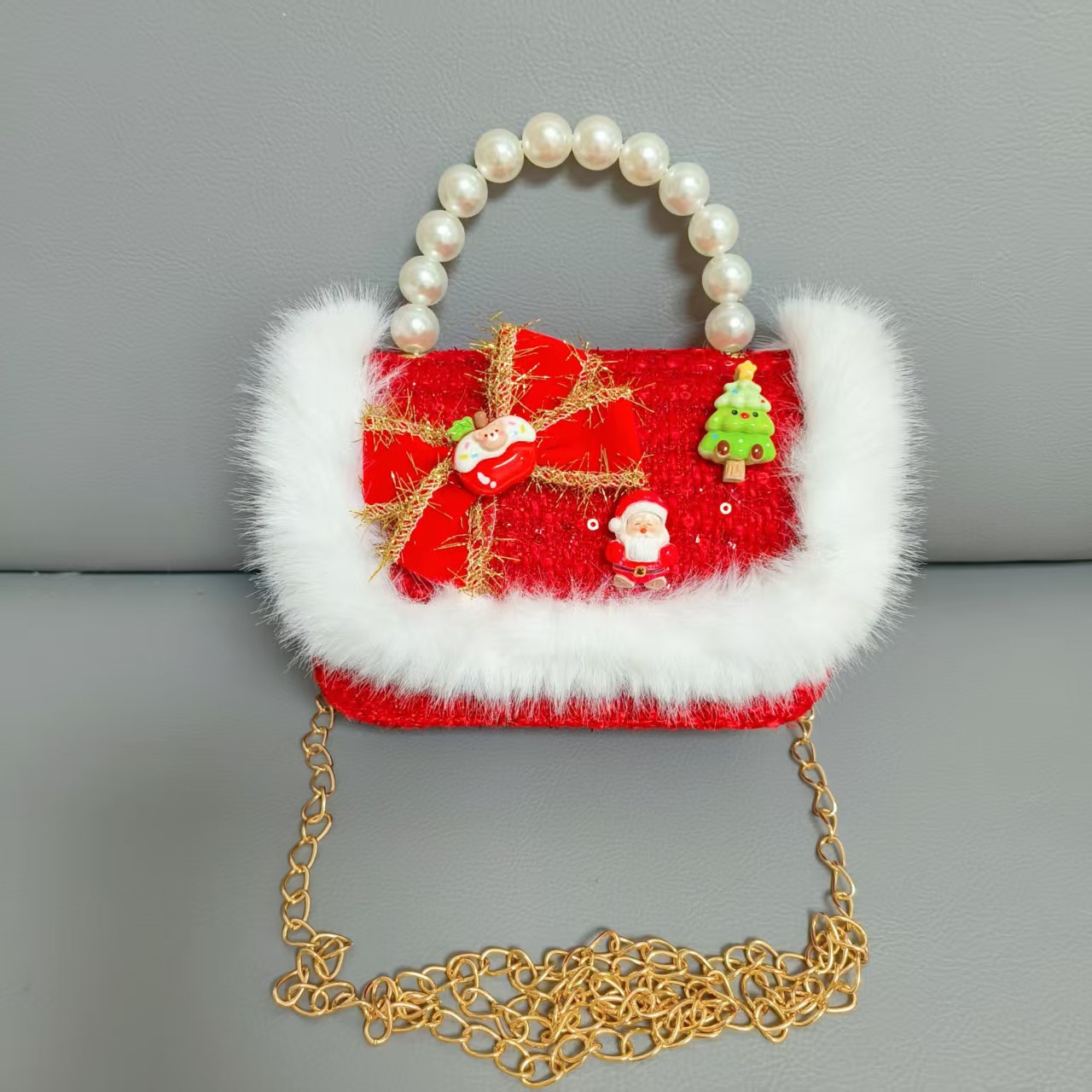 Gran bolso de perla de arco rojo, Santa Claus, bolso de Año Nuevo, cartera de Año Nuevo, hombro, pequeño viento fragante