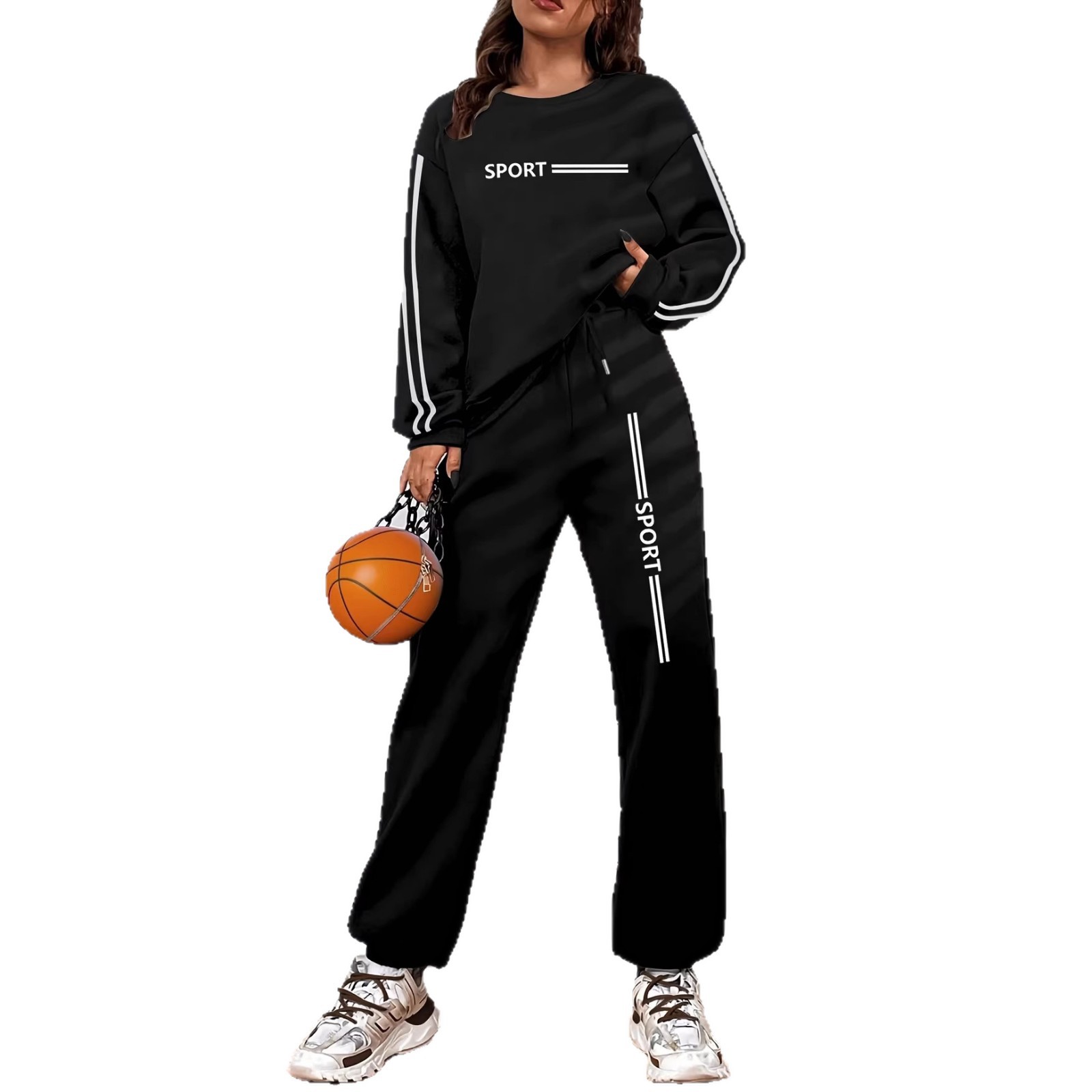 Women's Fleece Lined Tracksuit Long Sleeved Autumn Winter Fashion Letter Print Casual Set_ecoleips.com