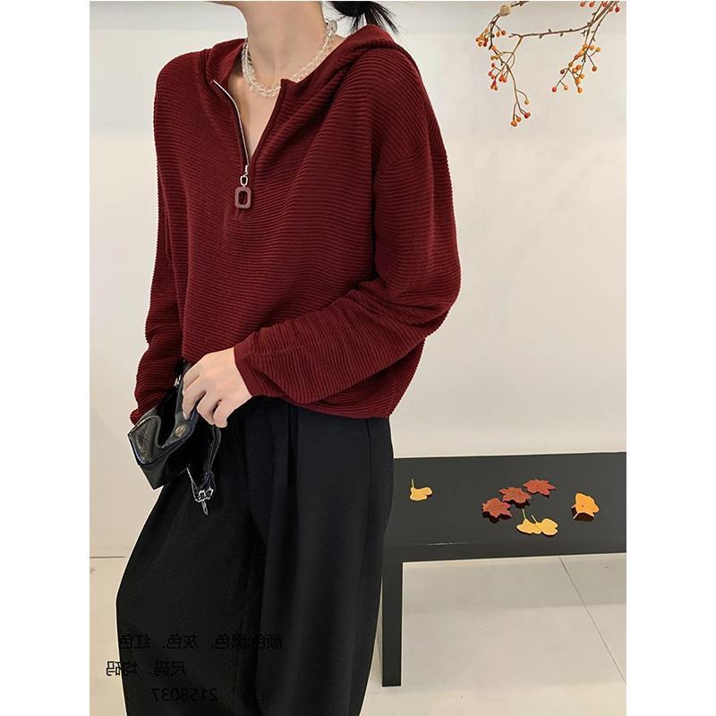 Knitted autumn sweater with zipper with hood for leisure
