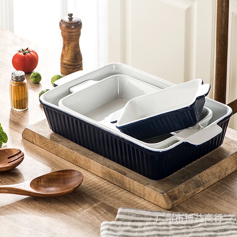 Ceramic Double-Ear Baking Dish Rectangular Baking Tray Cheese Baked Rice Baking Dish Set Microwave Safe
