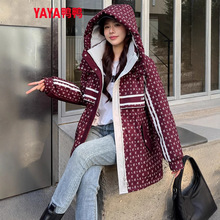 鸭鸭正宗品牌印花工装羽绒服女中长款2025冬季新款时尚百搭派克服