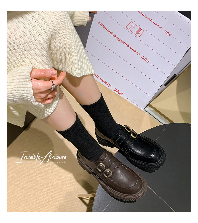2023 Autumn/Winter New Retro Small Gold Button Thick Sole Lefu Women's Small Leather Shoes Single Shoes_voghion.com