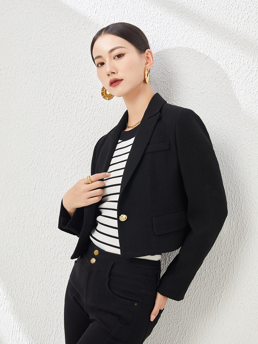 Áo blazer len ngắn nữ thiết kế độc đáo, phong cách mùa thu — Màu be