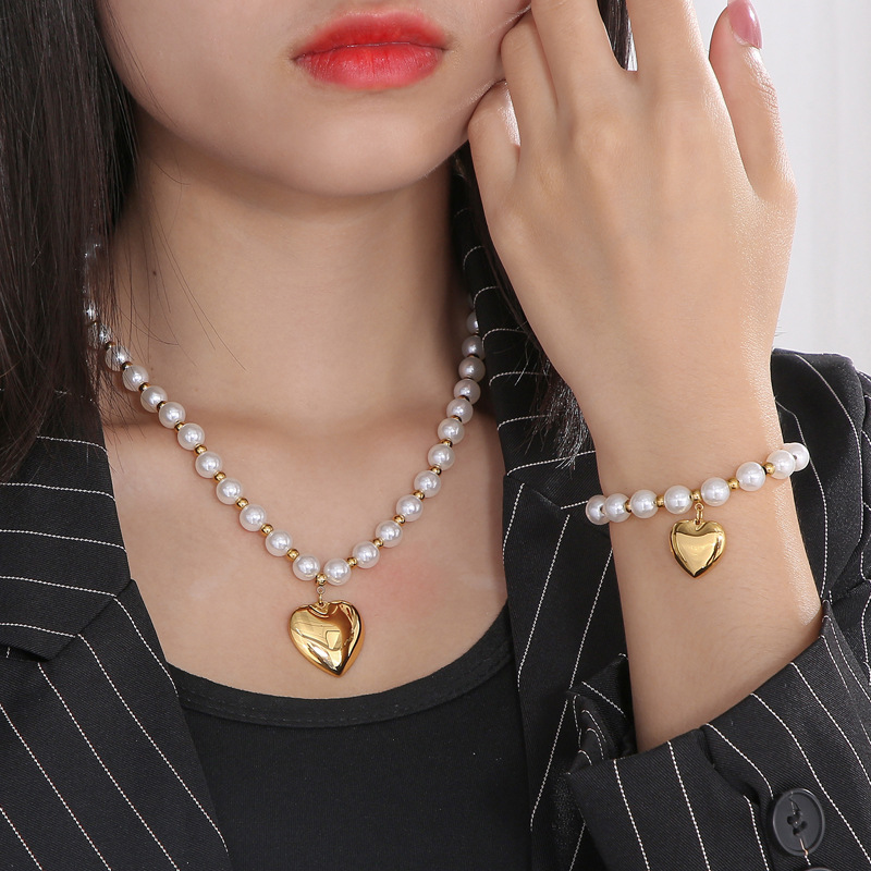 Fashion Heart Shape Titanium Steel Beaded Pearl Plating Bracelets Necklace
