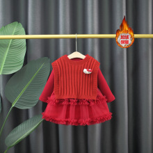 2025年冬季新款猫咪网纱毛线套装 女童加绒纱裙+毛线马甲两件套