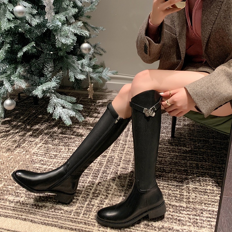 High boots English style with metal buckle flat