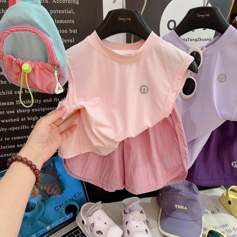 夏用子供用クールアイススーツ男の子と女の子用速乾性カジュアルショーツスポーツノースリーブベストトップツーピースセット|undefined
