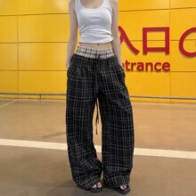 美式复古双腰头拼接格子休闲裤女男2026秋季宽松阔腿慵懒风遛弯裤