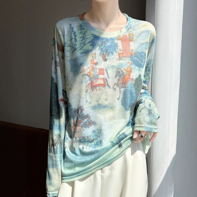 Round Neck Printed Long-Sleeved Women's Personalized Pattern Design Autumn and Winter New Loose and Versatile Bottoming Shirt Tops Directly from the Manufacturer