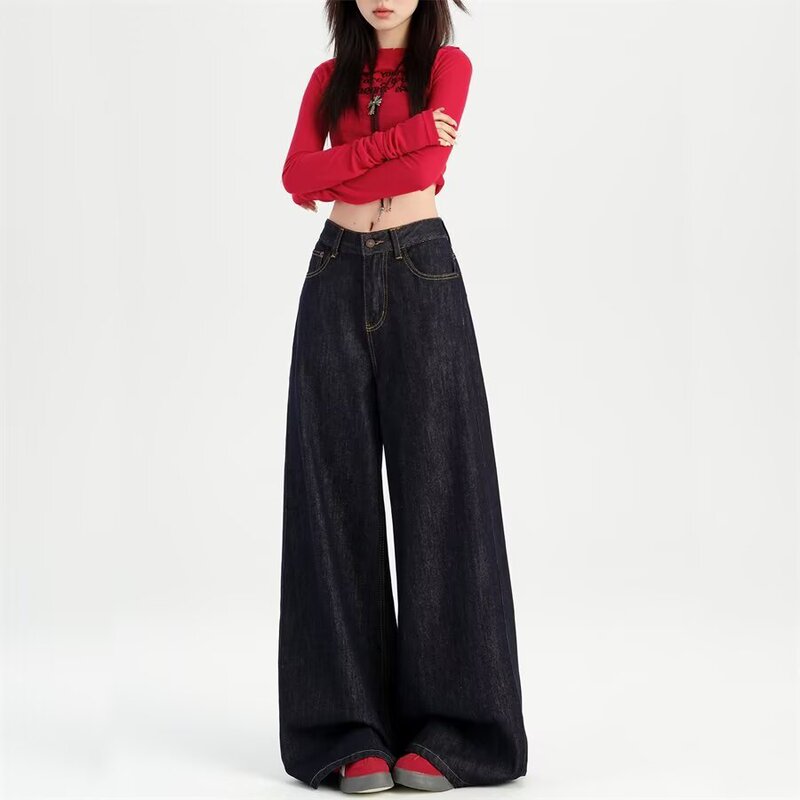Dark Blue Wide-Leg Jeans for Women, New Autumn American Style, Loose Fit, Slimming, Tall, Straight-Leg, Floor-Length Pants Dark Blue Wide-Leg Jeans for Women, New Autumn American Style, Loose Fit, Slimming, Tall, Straight-Leg, Floor-Length Pants
