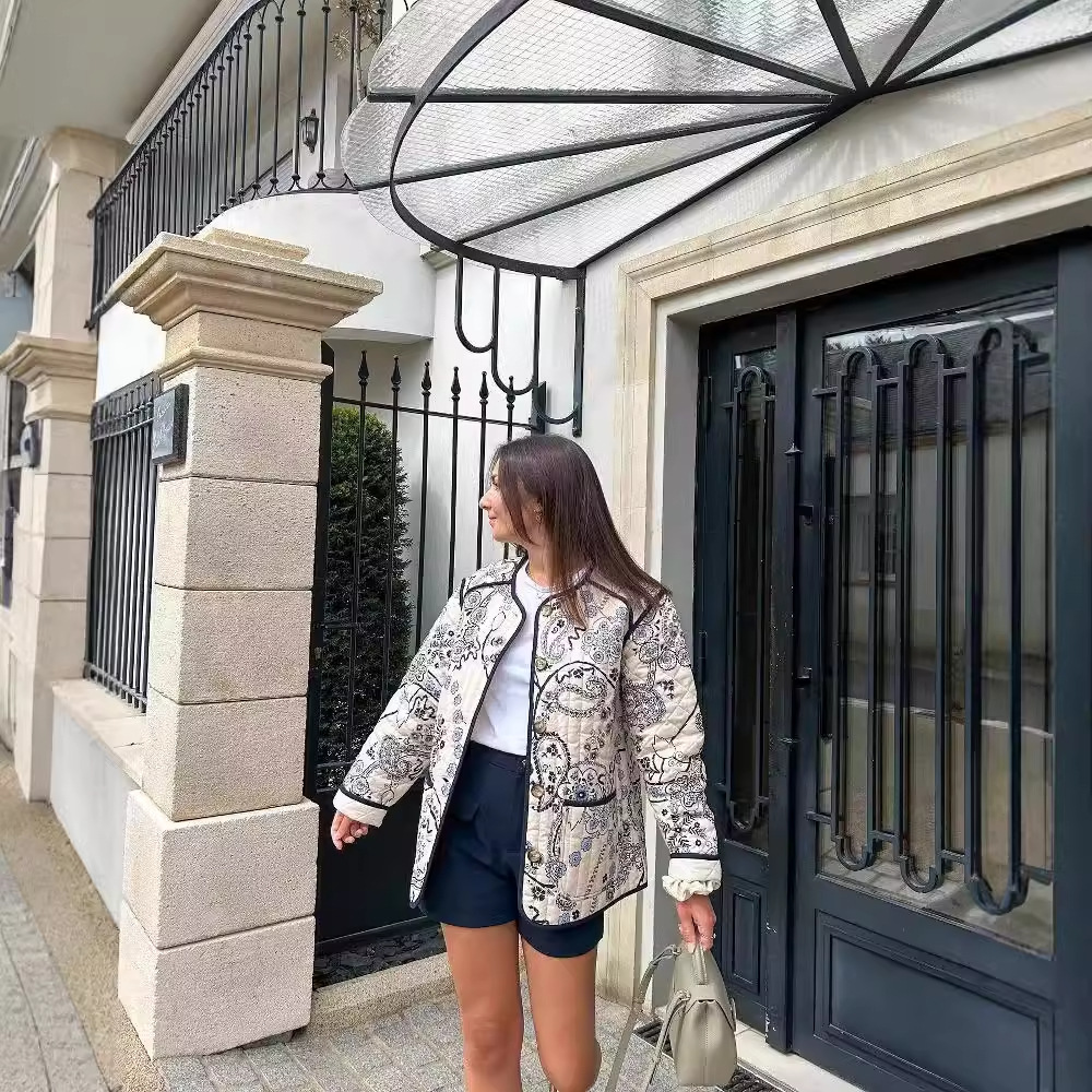 ins同款欧美女装跨境外贸气质复古印花棉服包边撞色宽松版外套