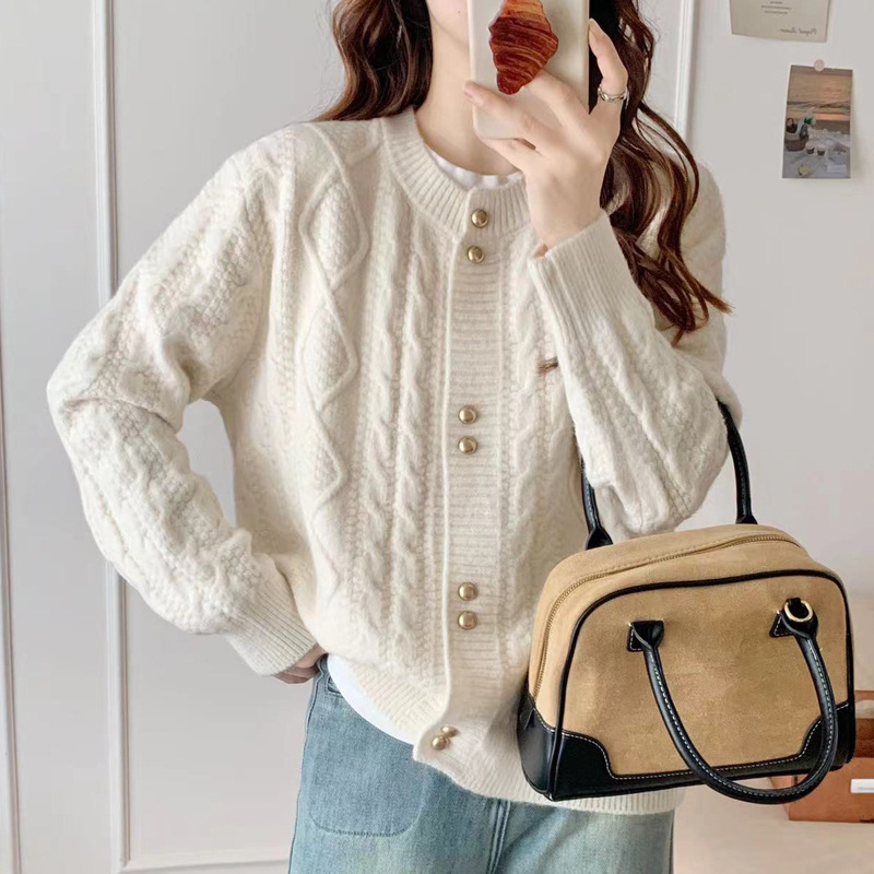 Round Neck Rhombus Twist Sweater Short Cardigan for Women 2025 Autumn and Winter New Korean Style Lazy and Gentle Style Jacket Top