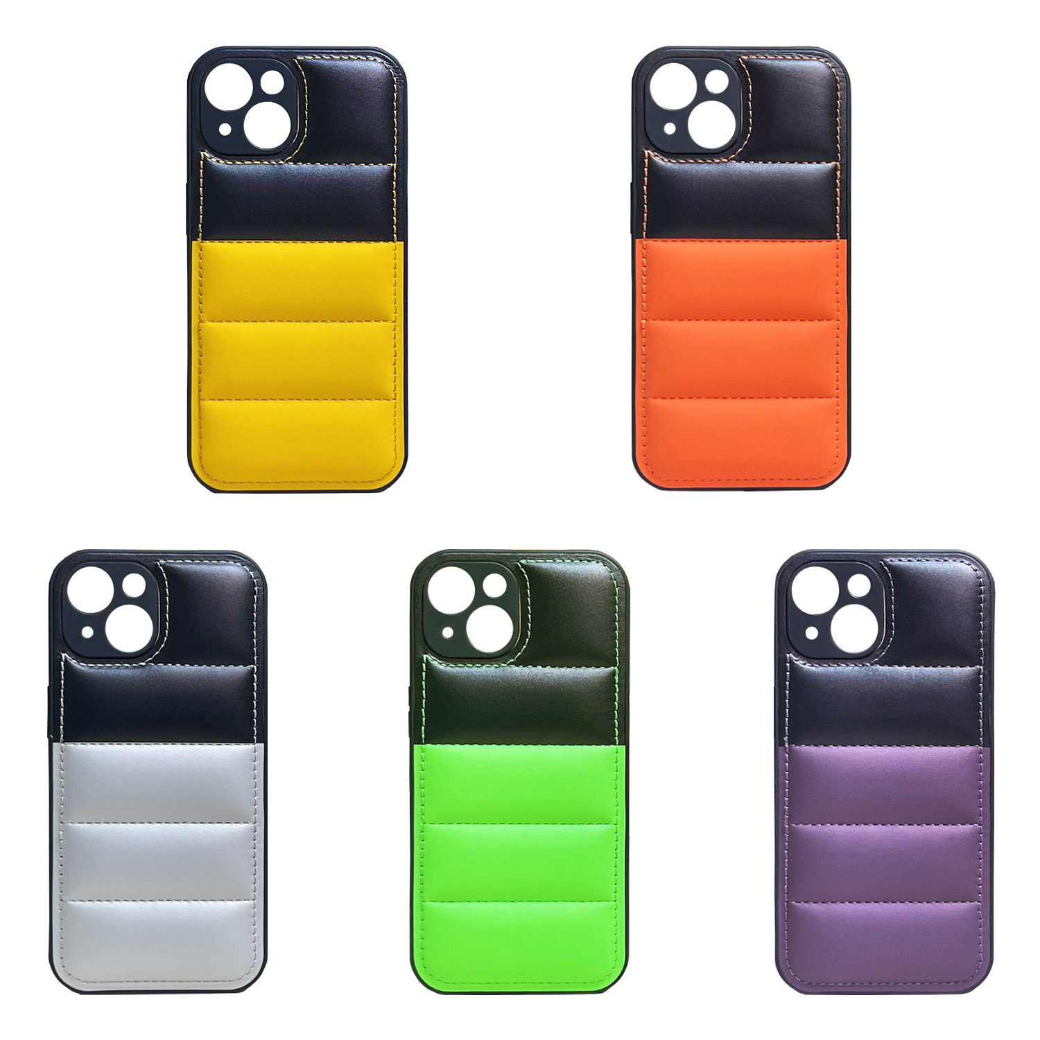 Funda para teléfono móvil estilo chaqueta acolchada con bloques de color, lista para usar, adecuada para la serie iPhone 16 Pro Max.