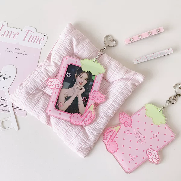 Korean-style pixel art fruit cartoon 3inch card holder, student fan keychain pendant, girl's bag accessory