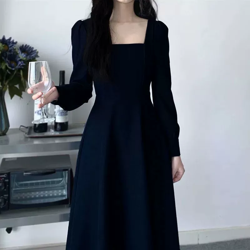 Весенняя новая французская длинная юбка для перерыва на чай, нишевое высококачественное платье большого размера для похудения, закрывающее живот, с квадратным вырезом для женщин