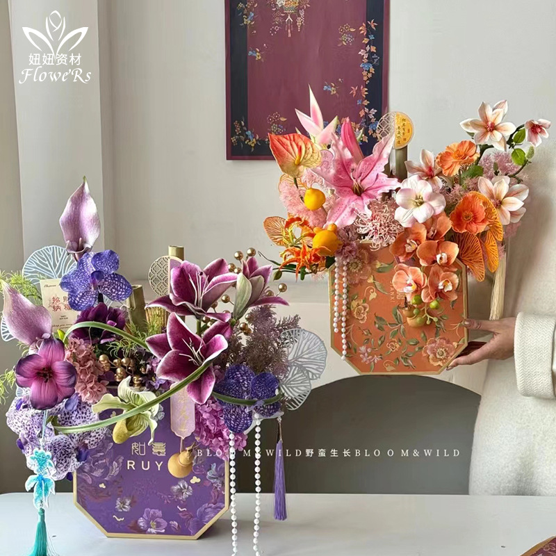 龙年新年福桶高级八角盒年宵花插花盒冬青银柳福桶蝴蝶兰花艺盒