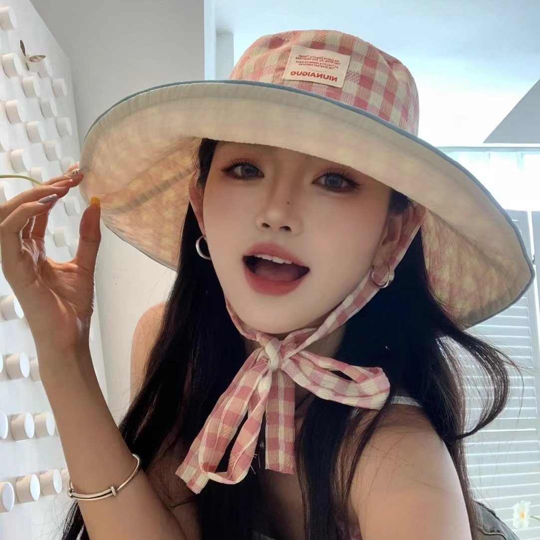 Nuevo estilo coreano ins cuadrícula correa sombrero de pescador mujer verano viaje al aire libre gorra de doble cara gran sombrero de protección solar