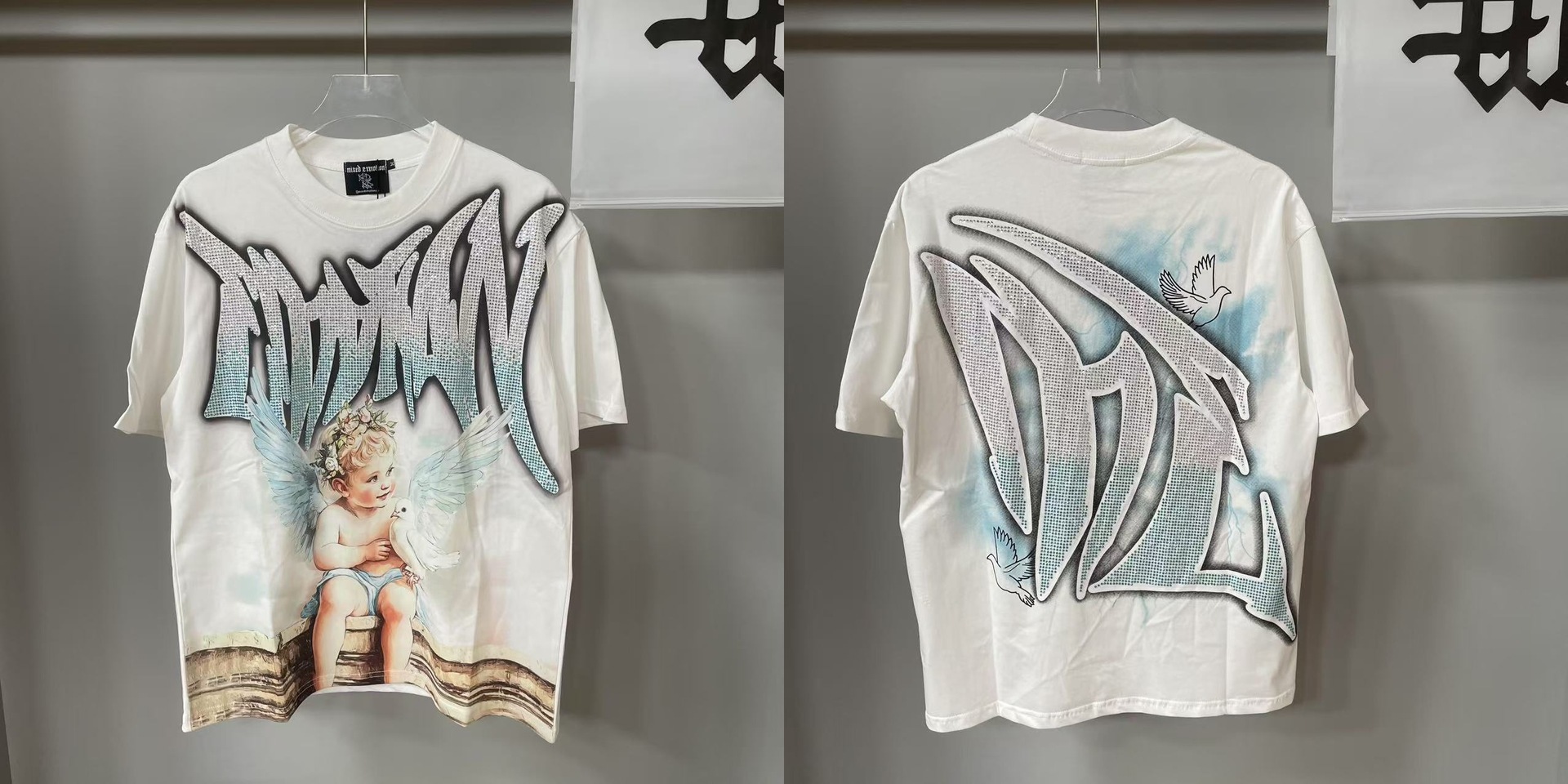 Transfronterizos MIXED EMOTION Ángel Impresión extraterrestre camiseta de hombre y mujer callejera de diamante de cuello redondo de manga corta