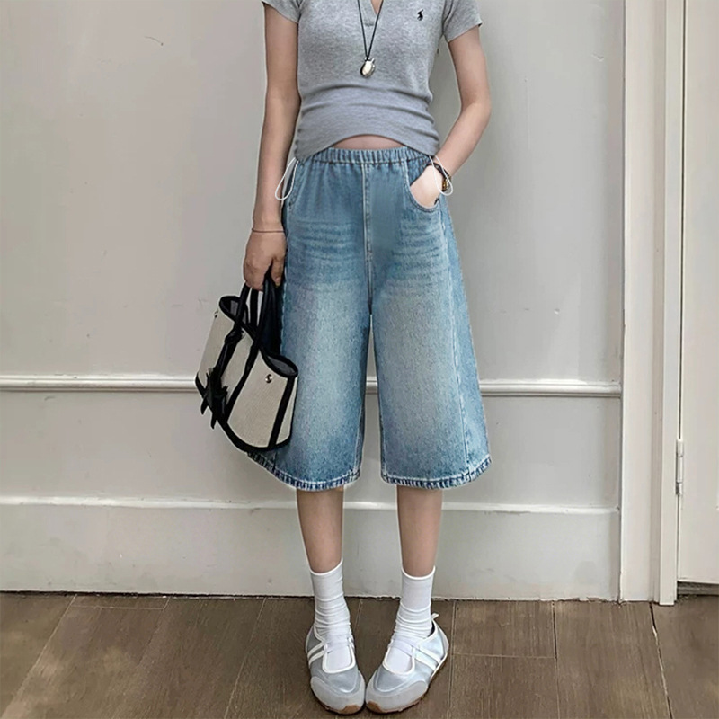 8707 New Style Maternity Capri Pants Summer Jeans Loose Casual Trendy Mom Casual Pants Breathable Drawstring Wide-Leg Pants