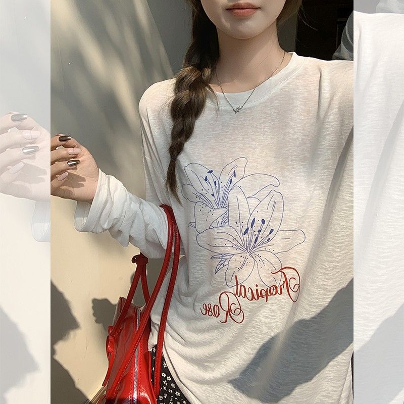White Printed Sun Protection Blouse for Women, Summer Style, Loose and Slimming Look T-Shirt, Lazy and Slightly See-Through Snowflake Cotton Top White Printed Sun Protection Blouse for Women, Summer Style, Loose and Slimming Look T-Shirt, Lazy and Slightly See-Through Snowflake Cotton Top