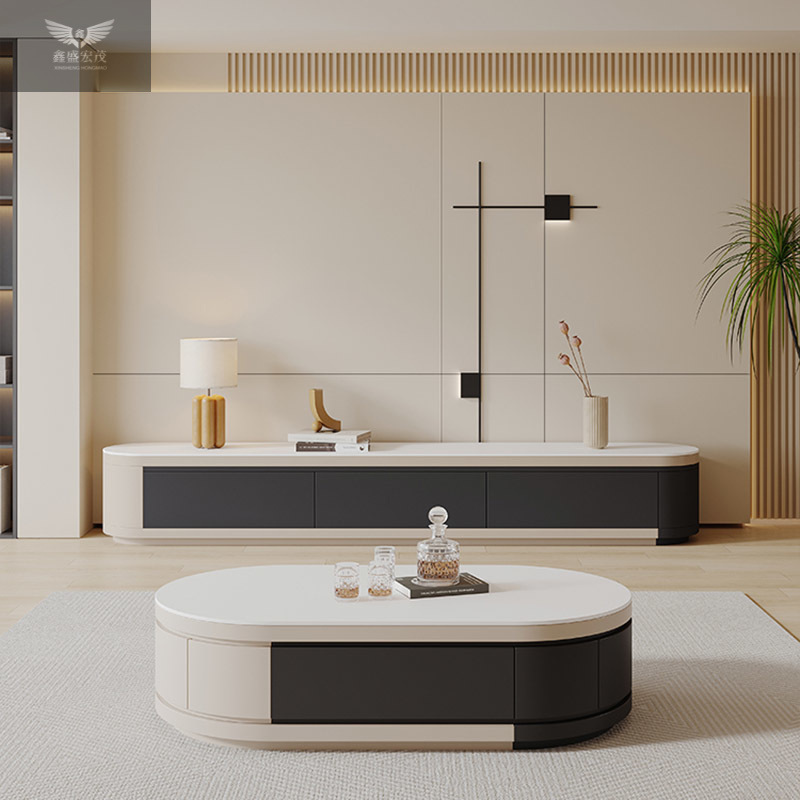 Sala de estar combinada estirada mesa de té oval moderna simple crema viento tabla de roca telescópica mesa de té gabinete de televisión tipo pequeño
