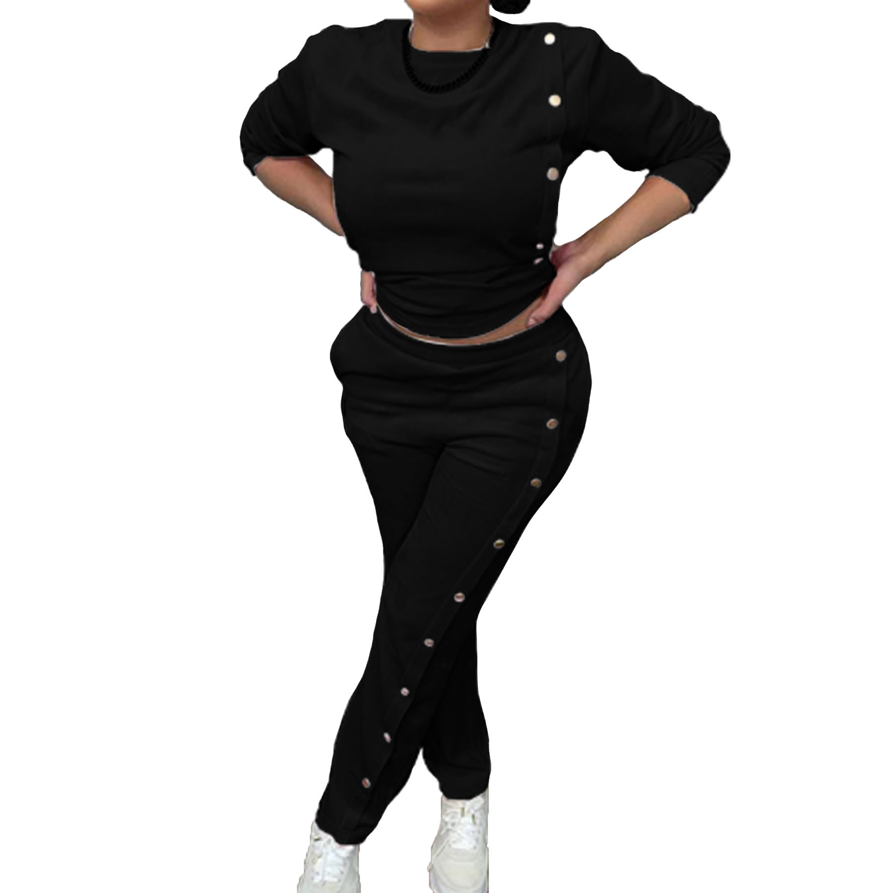 Women's Clothing women's clothing Side breasted two piece sweatshirt long sleeved trousers fashionable casual suit_voghion.com