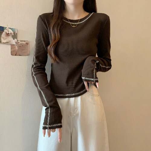 美拉德咖色正肩长袖T恤大码女装2025秋季胖mm内搭打底衫短款上衣|undefined