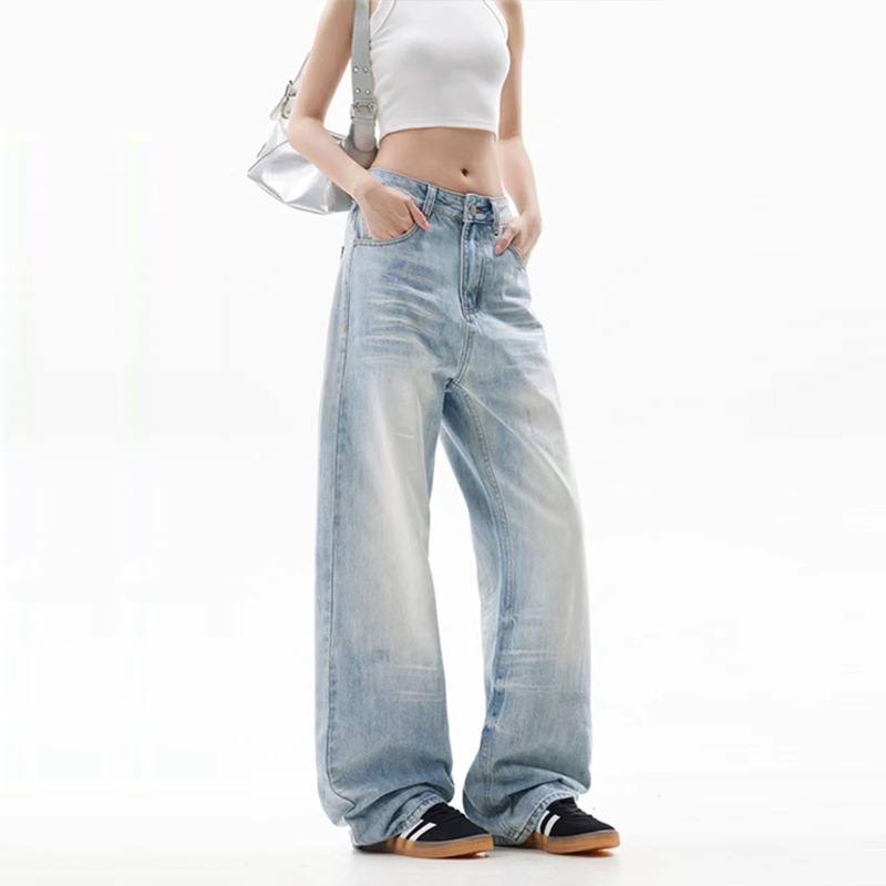 Foreign Trade American Style Retro light blue Jeans Women's Men's Autumn Fashion Brand Loose Wide Leg Dosing Straight Pants