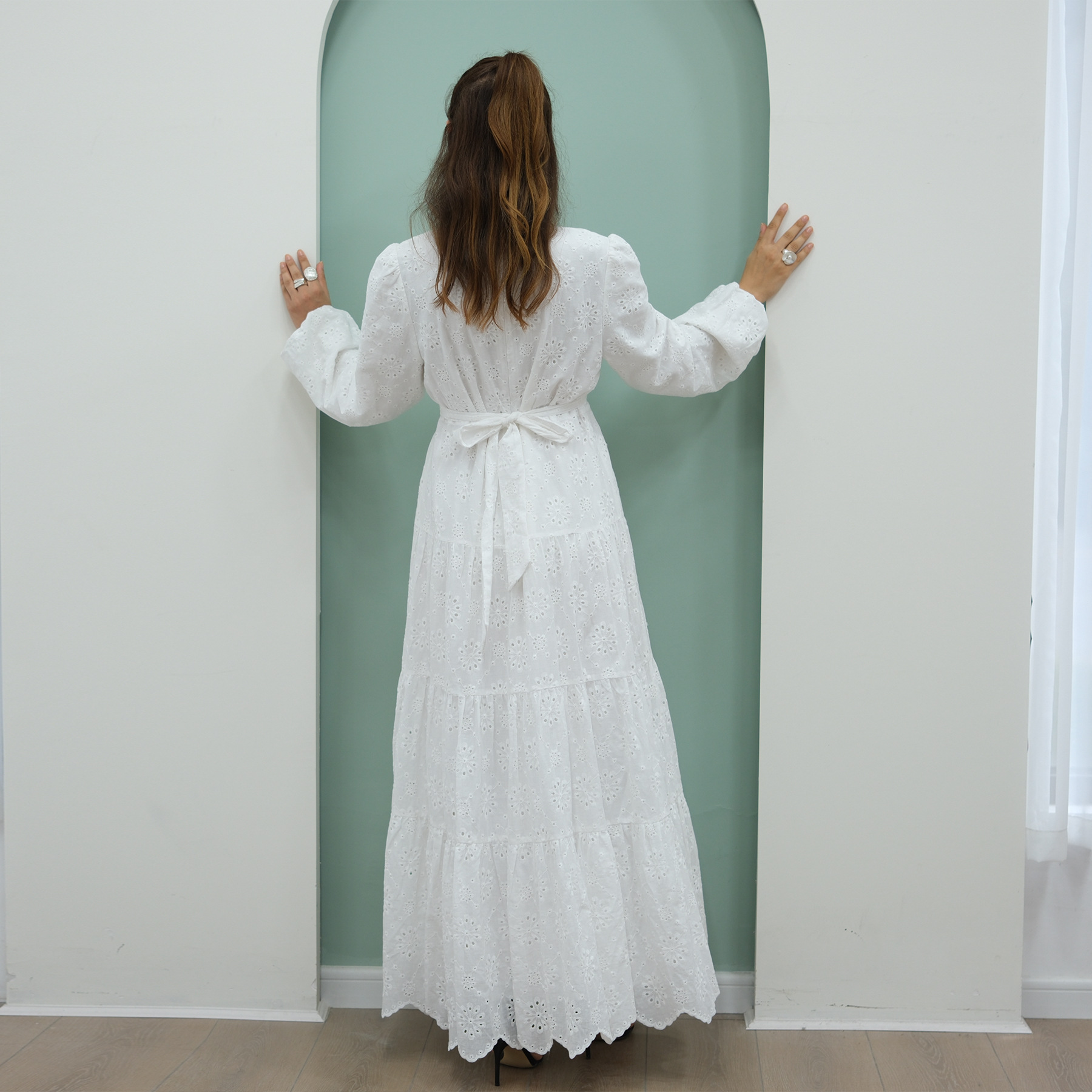 Voya Women's Eyelet Embroidered Maxi Dress-Long Sleeve Tiered Beach Dress With Scallop Hem-Boho Casual Summer Dress, For Holiday, Wedding Guest & Daily_ecoleips.com