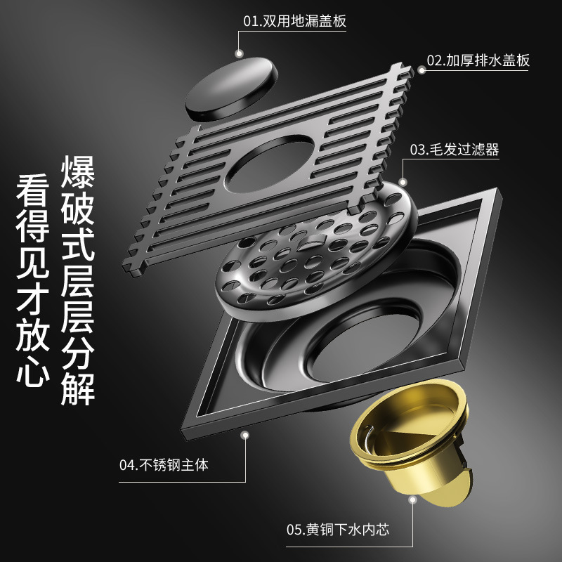 地漏枪灰全铜地漏芯304不锈钢淋浴房洗衣机下水道防虫大排量防臭|undefined