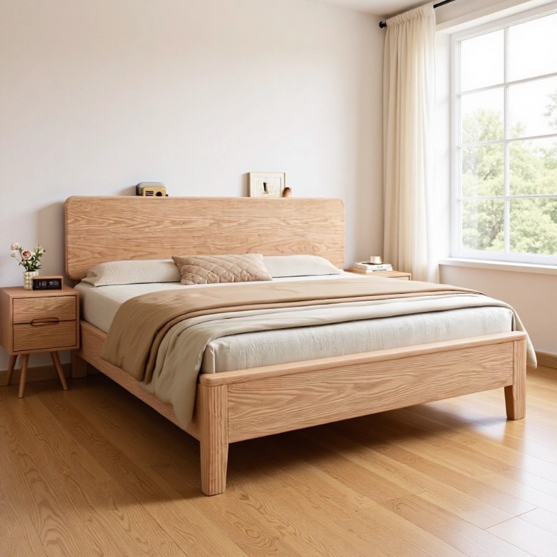 Nordic Style Ash Wood Solid Wood Bed Master Bedroom 1.8m Double Bed Modern Simple Bed 1.5m Small Apartment Wood Color