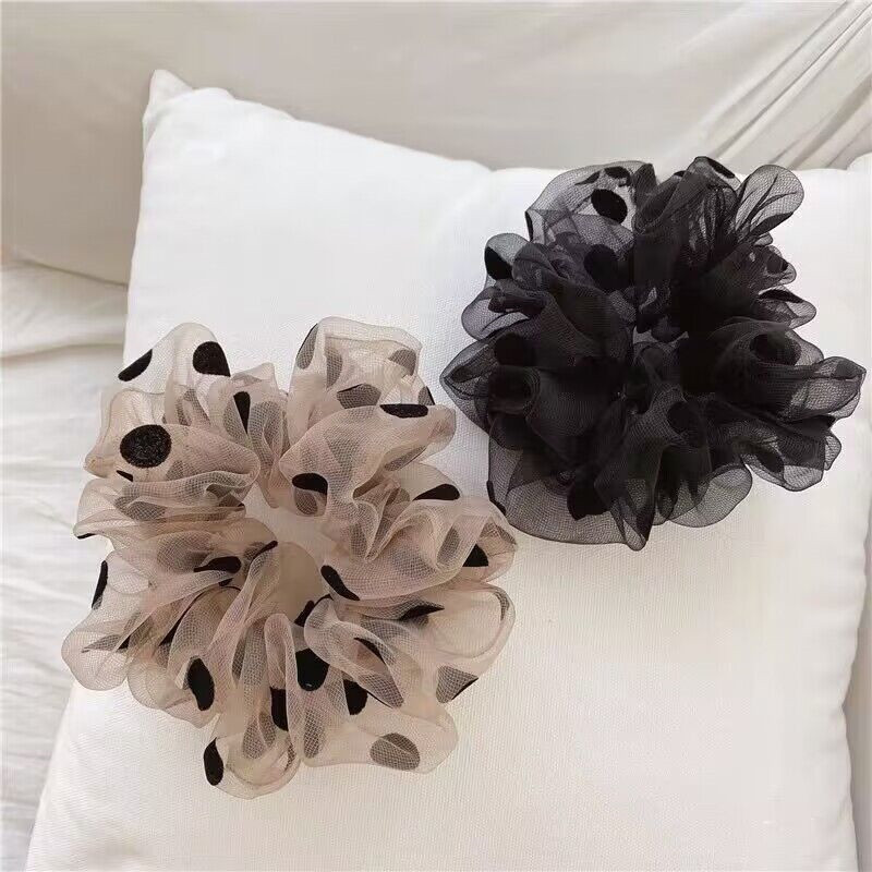 Korean Imported Organza Vintage Polka Dot French Style High-End Elegant Large Scrunchie Hair Tie For Women_voghion.com